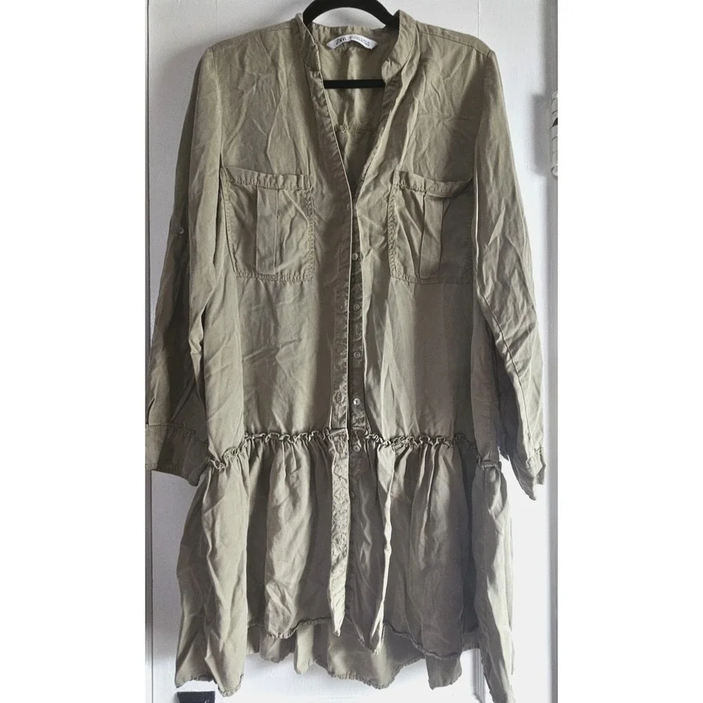 ZARA green babydoll ruffle roll tab sleeve shirt dress lyocell woman Sz M - Picture 1 of 7